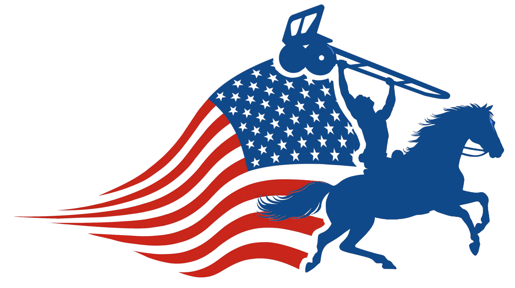Red White and Blue Freedom Graphic depicting a man riding a horse with a dolly above his head
