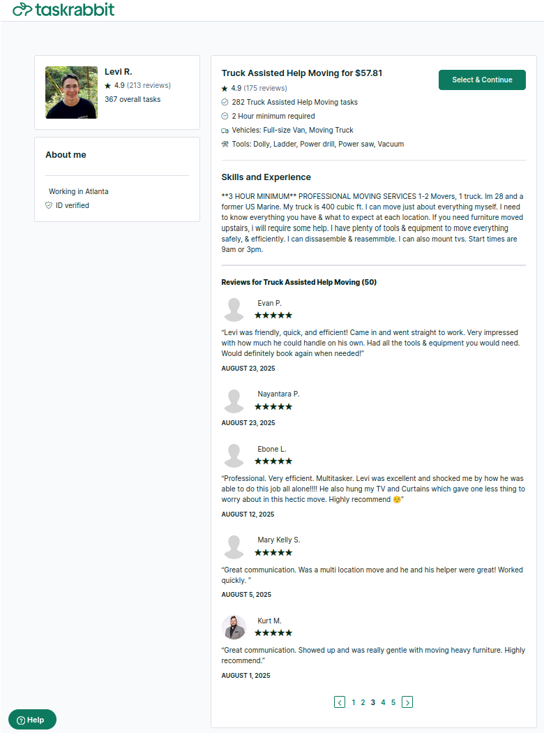 Levi's official Task Rabbit booking and reviews page with almost 400 completed tasks and over 200 reviews