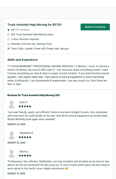 Levi's official Task Rabbit booking and reviews page with almost 400 completed tasks and over 200 reviews edited to fit the mobile version